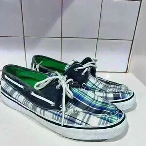 Women’s Green and Blue Plaid Sperry Boat Shoes with White Laces Size 9- EUC